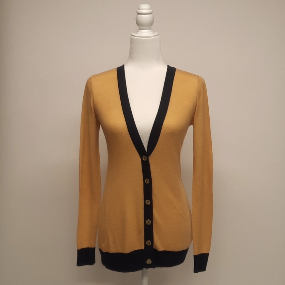 Outback Red Button Front Cardigan in Gold with Navy Trim, Size XS